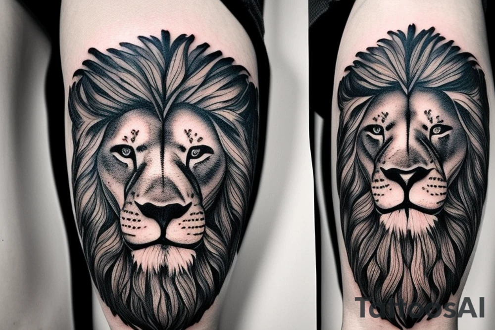 Realistic lion face with the right side morphing into a forest tattoo idea