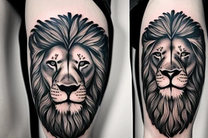 Realistic lion face with the right side morphing into a forest tattoo idea