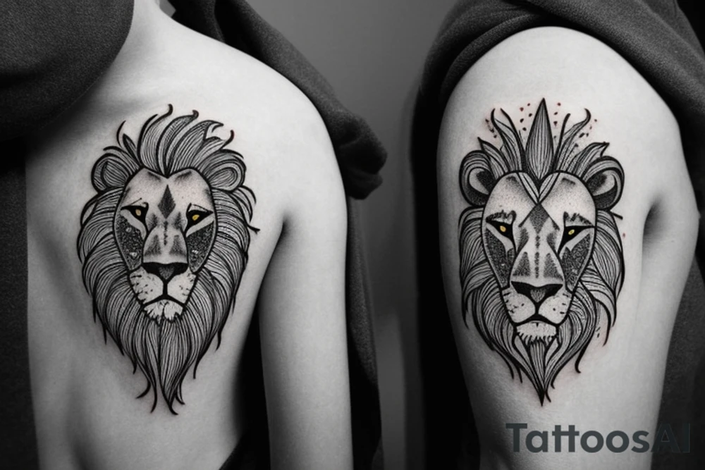 Realistic lion face with the right side morphing into a forest tattoo idea