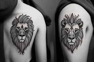 Realistic lion face with the right side morphing into a forest tattoo idea