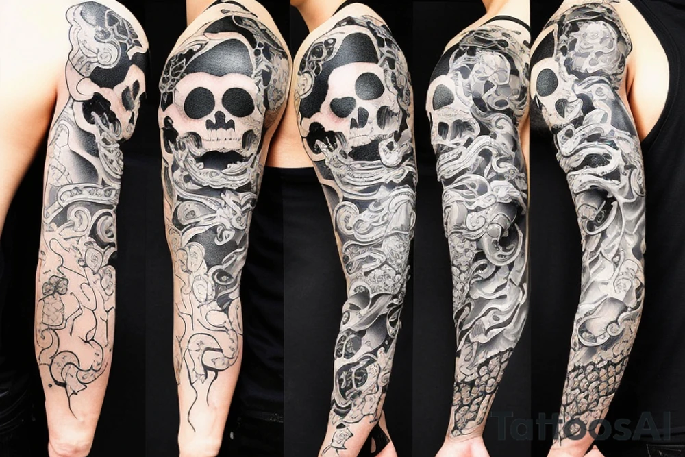 Full samurai skull sleeve with snake and thorns wrapping around tattoo idea