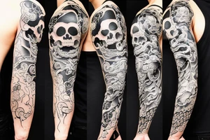 Full samurai skull sleeve with snake and thorns wrapping around tattoo idea