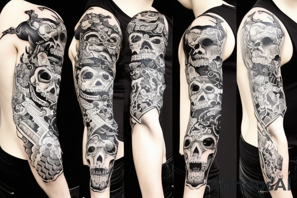 Full samurai skull sleeve with snake and thorns wrapping around tattoo idea