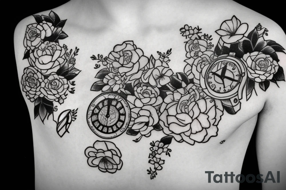 Clock with flowers tattoo idea