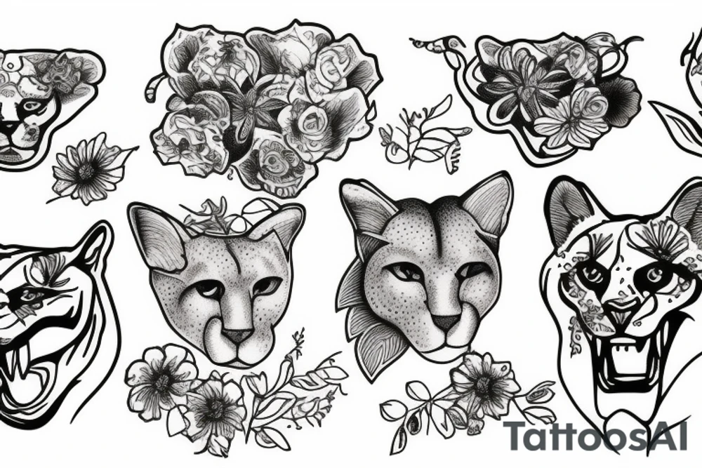 Cougar head over flowers tattoo idea
