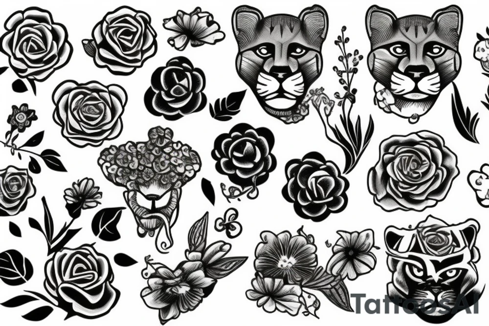 Cougar head over flowers tattoo idea