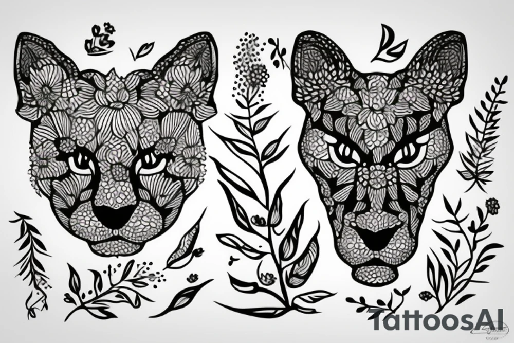 Cougar head over flowers tattoo idea