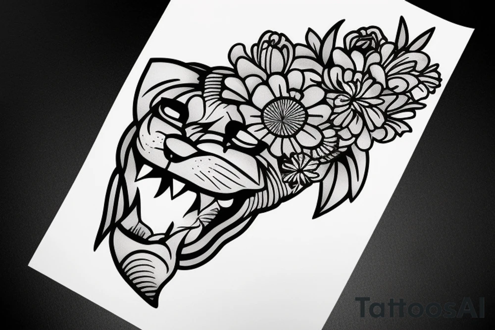 Cougar head flowers background tattoo idea