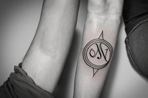 initial of j with a north star , fine line tattoo idea