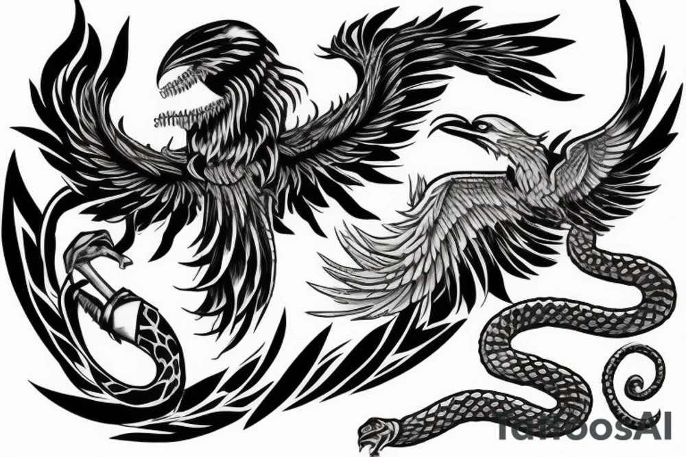 Phoenix killing a cobra over a volcano tattoo idea