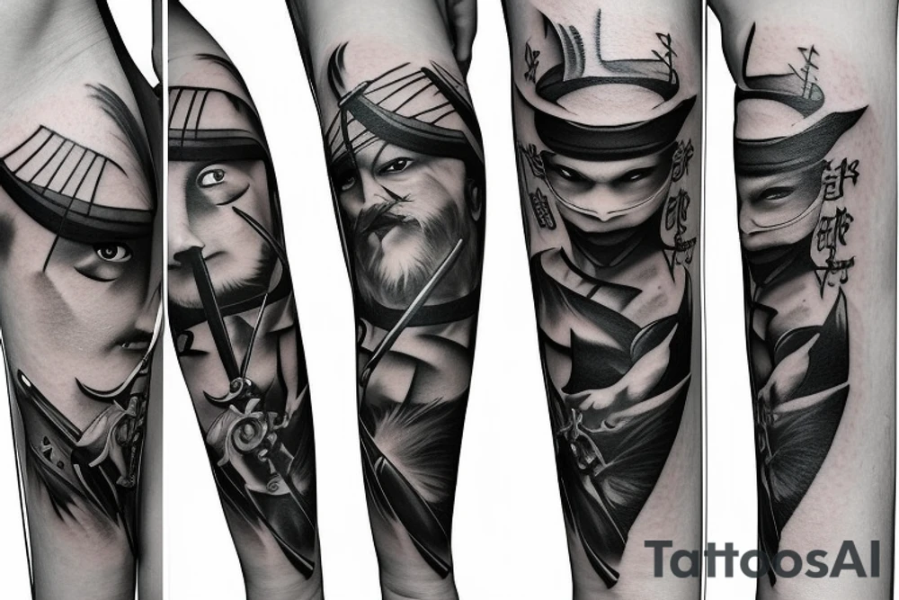 Ninja with 2 swords climbing stairs tattoo idea