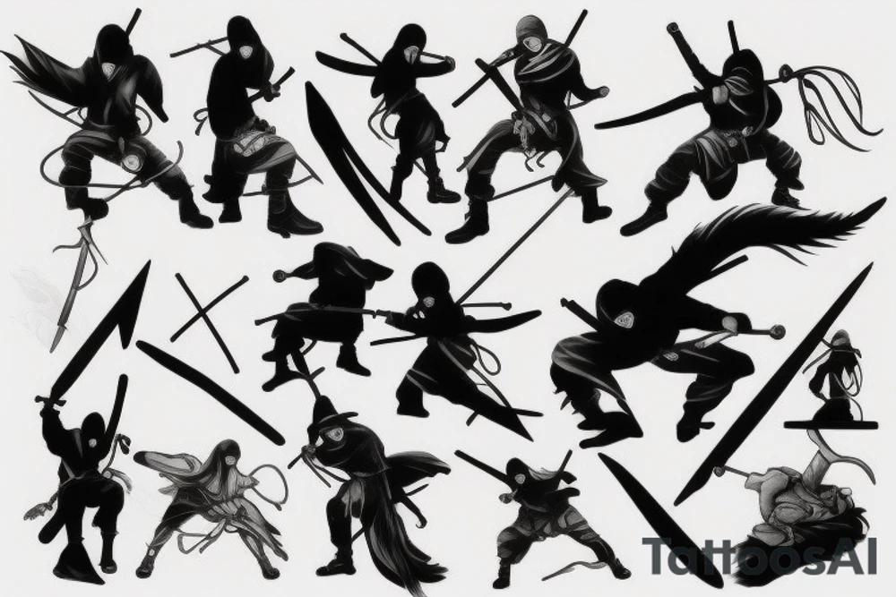 Ninja with 2 swords climbing stairs tattoo idea