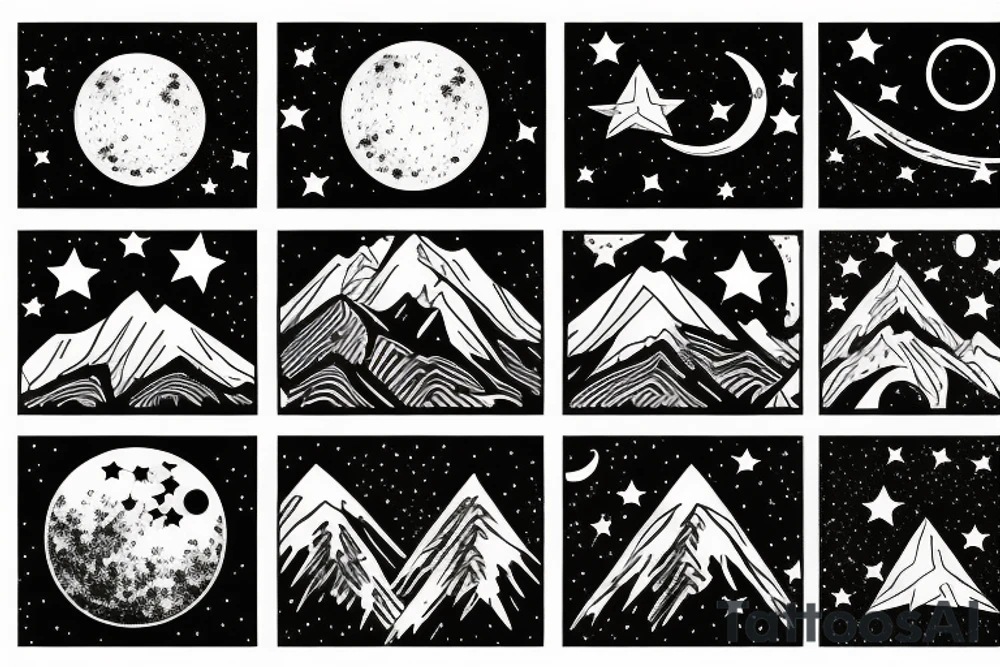 Mountain with moon and stars in background tattoo idea