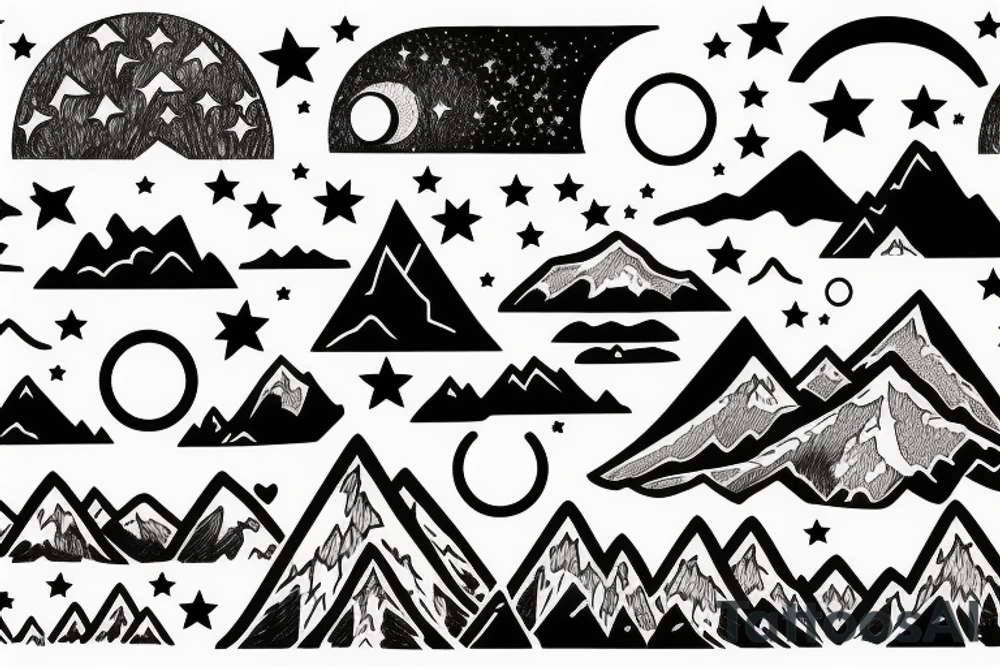 Mountain with moon and stars in background tattoo idea