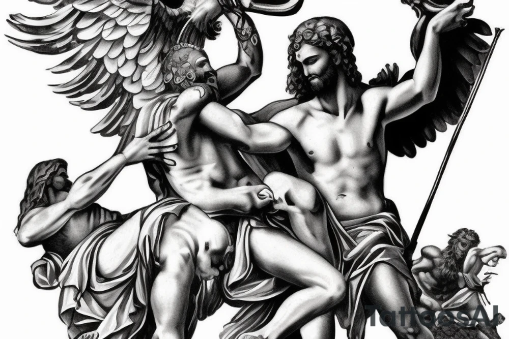 mythic greek god fighting jesus war tattoo idea