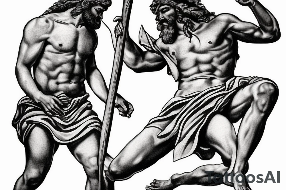 mythic greek god fighting jesus war tattoo idea