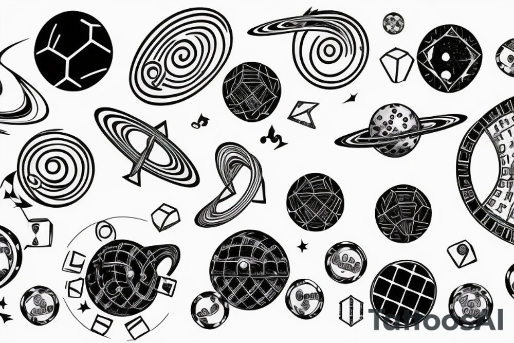a swirling solar system with interconnecting circular lines and detailed HD dice instead of planets tattoo idea