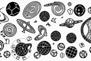 a swirling solar system with interconnecting circular lines and detailed HD dice instead of planets tattoo idea