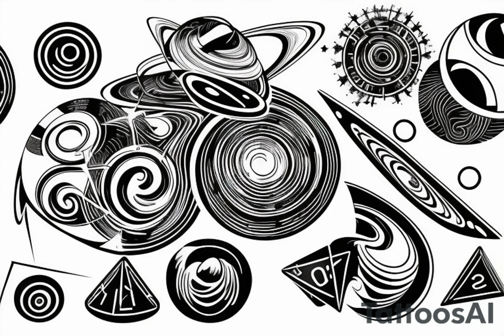 a swirling solar system with interconnecting circular lines and detailed HD dice instead of planets tattoo idea
