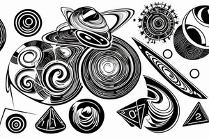 a swirling solar system with interconnecting circular lines and detailed HD dice instead of planets tattoo idea