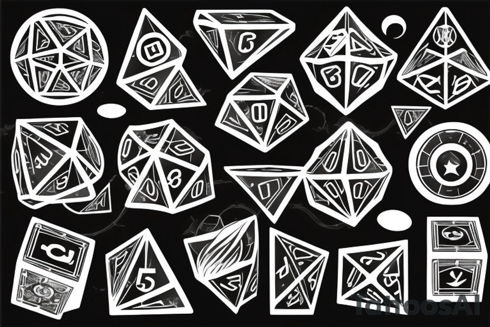 a swirling solar system with roleplaying dice tattoo idea