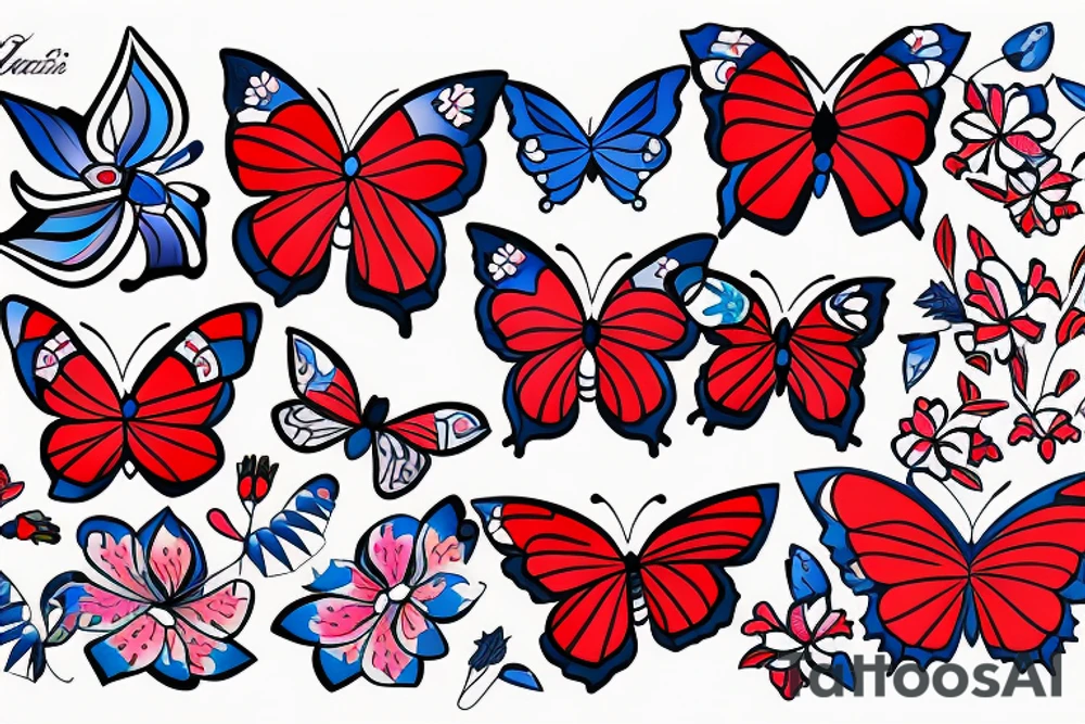 White butterfly, red butterfly and blue butterfly, Arabic theme with pink lilys tattoo idea