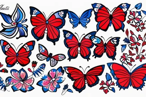 White butterfly, red butterfly and blue butterfly, Arabic theme with pink lilys tattoo idea