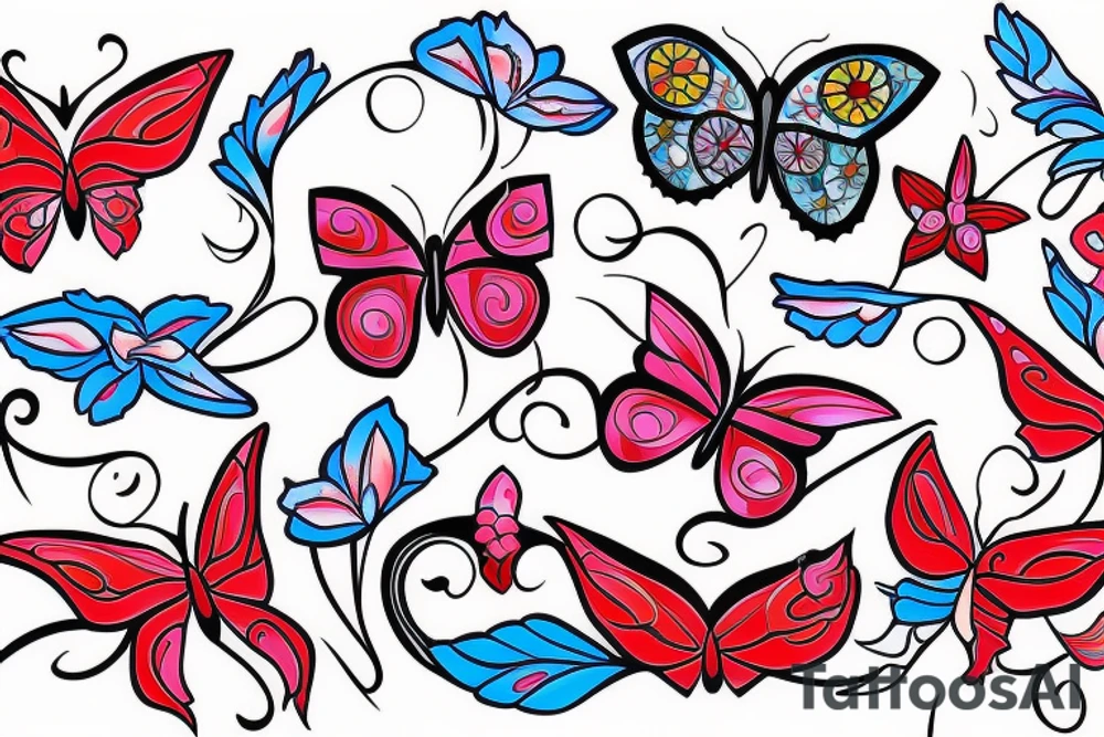 White butterfly, red butterfly and blue butterfly, Arabic theme with pink lilys tattoo idea
