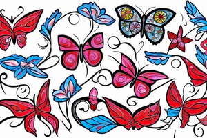 White butterfly, red butterfly and blue butterfly, Arabic theme with pink lilys tattoo idea