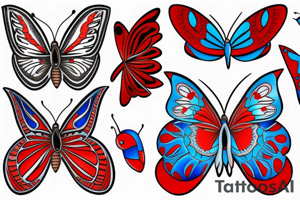 White butterfly, red butterfly and blue butterfly, Arabic influence tattoo idea
