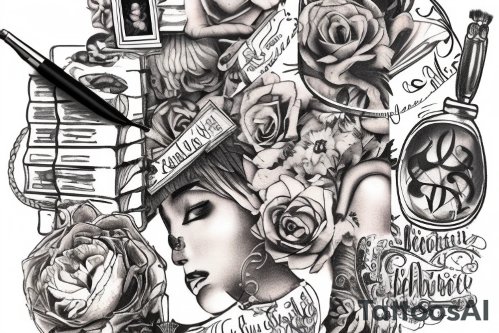 A book with a picture on it and an inscription, with a brush and paint on the left and a pen and ink on the right, the book shows people kissing tattoo idea