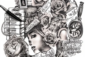 A book with a picture on it and an inscription, with a brush and paint on the left and a pen and ink on the right, the book shows people kissing tattoo idea