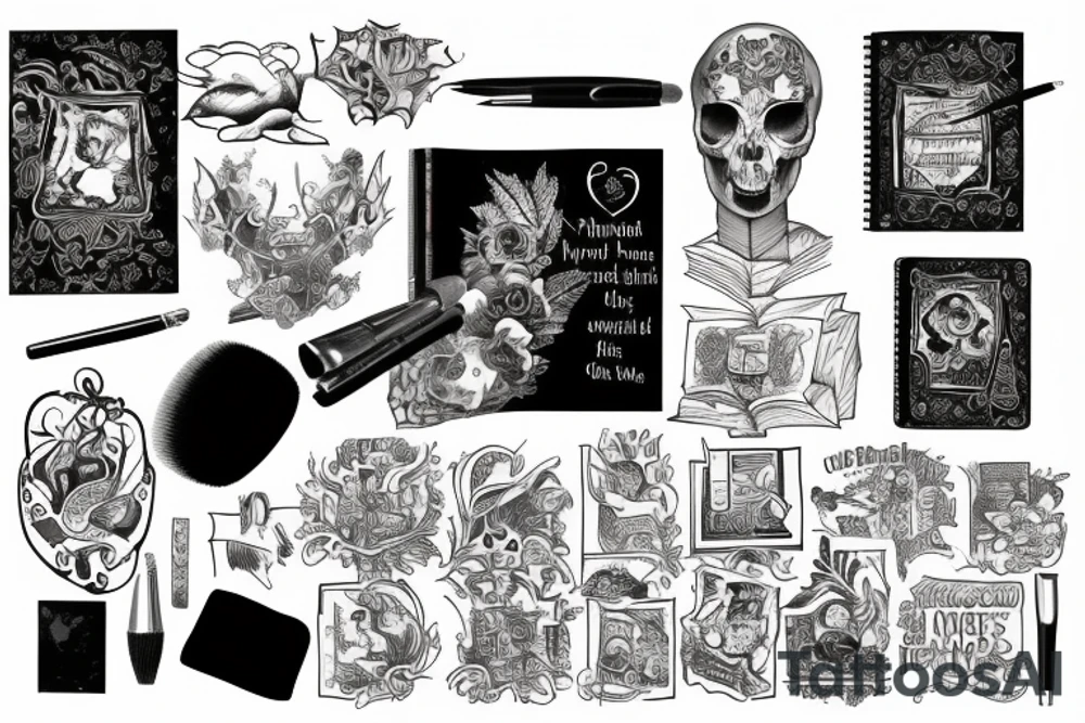 A book with a picture on it and an inscription, with a brush and paint on the left and a pen and ink on tattoo idea