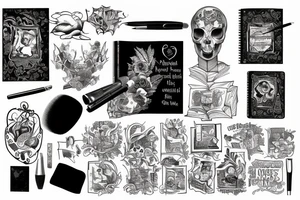 A book with a picture on it and an inscription, with a brush and paint on the left and a pen and ink on tattoo idea