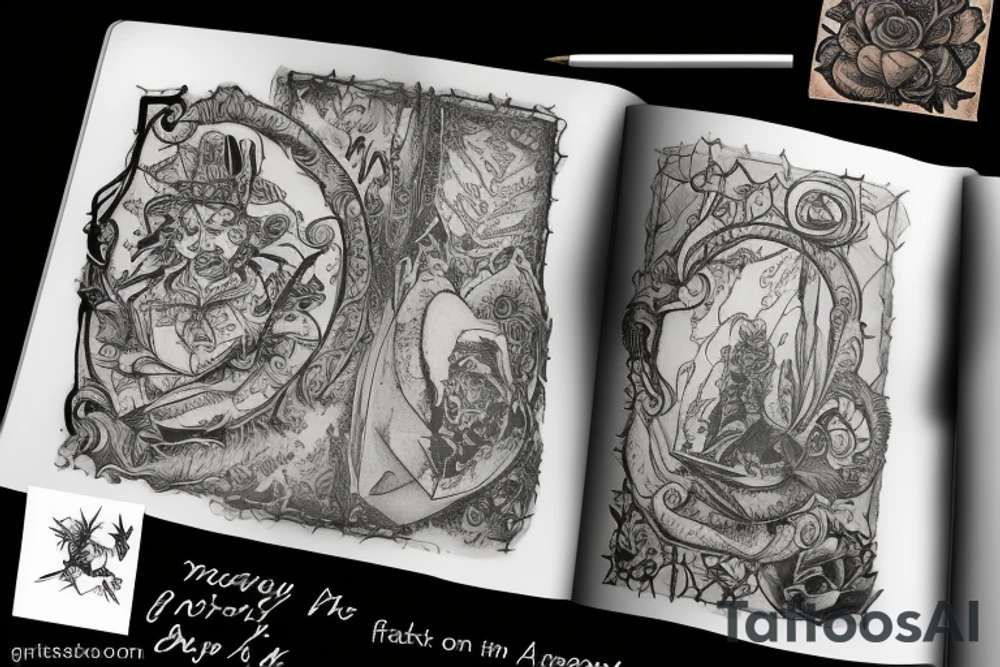 A book with a picture on it and an inscription, with a brush and paint on the left and a pen and ink on tattoo idea