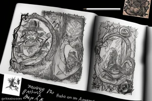 A book with a picture on it and an inscription, with a brush and paint on the left and a pen and ink on tattoo idea