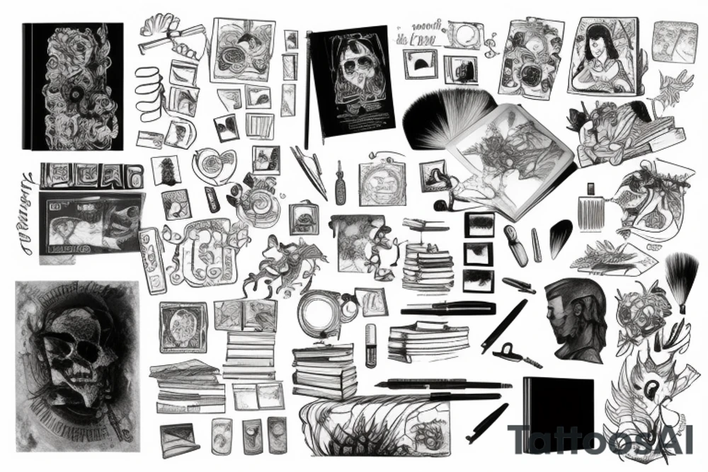 A book with a picture on it and an inscription, with a brush and paint on the left and a pen and ink on tattoo idea