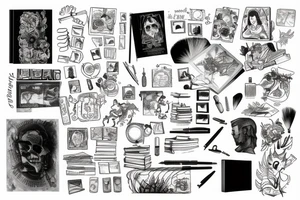 A book with a picture on it and an inscription, with a brush and paint on the left and a pen and ink on tattoo idea