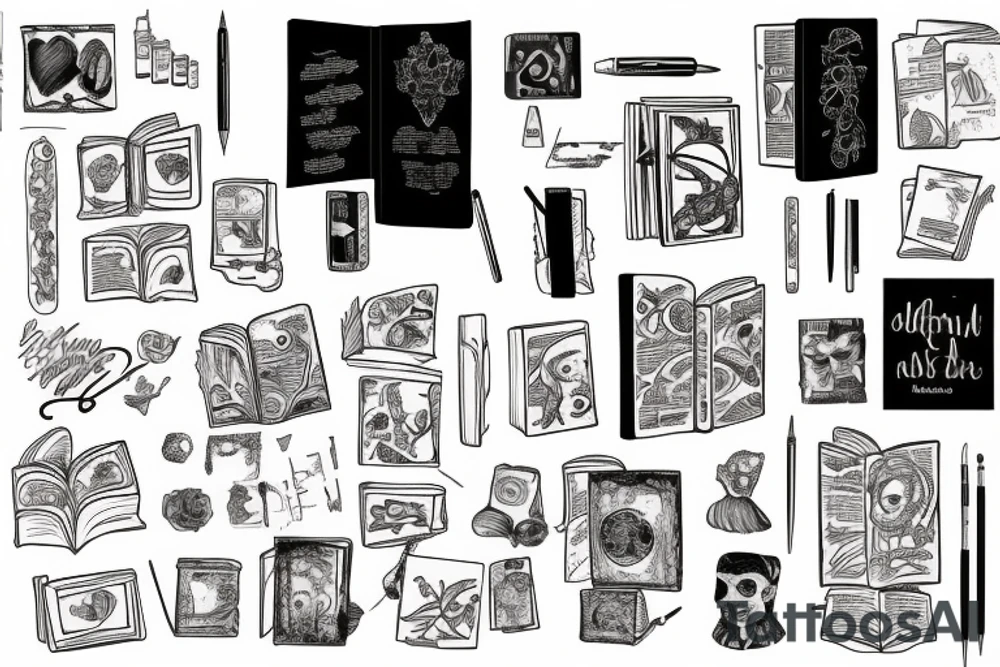 A book with a picture on it and an inscription, with a brush and paint on the left and a pen and ink on tattoo idea