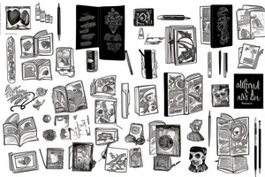 A book with a picture on it and an inscription, with a brush and paint on the left and a pen and ink on tattoo idea