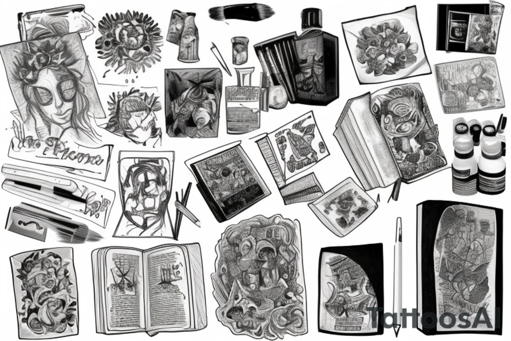 A book with a picture on it and an inscription, with a brush and paint on the left and a pen and ink on tattoo idea