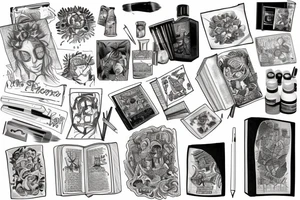 A book with a picture on it and an inscription, with a brush and paint on the left and a pen and ink on tattoo idea