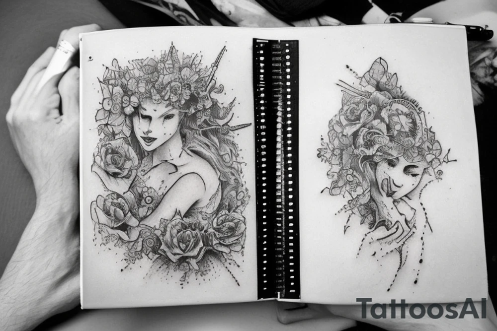 A book with a picture on it and an inscription, with a brush and paint on the left and a pen and ink on tattoo idea
