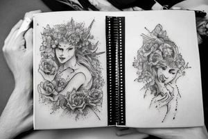 A book with a picture on it and an inscription, with a brush and paint on the left and a pen and ink on tattoo idea