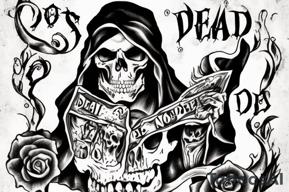 death holding a scroll that says Dead Men Tell No Tales tattoo idea
