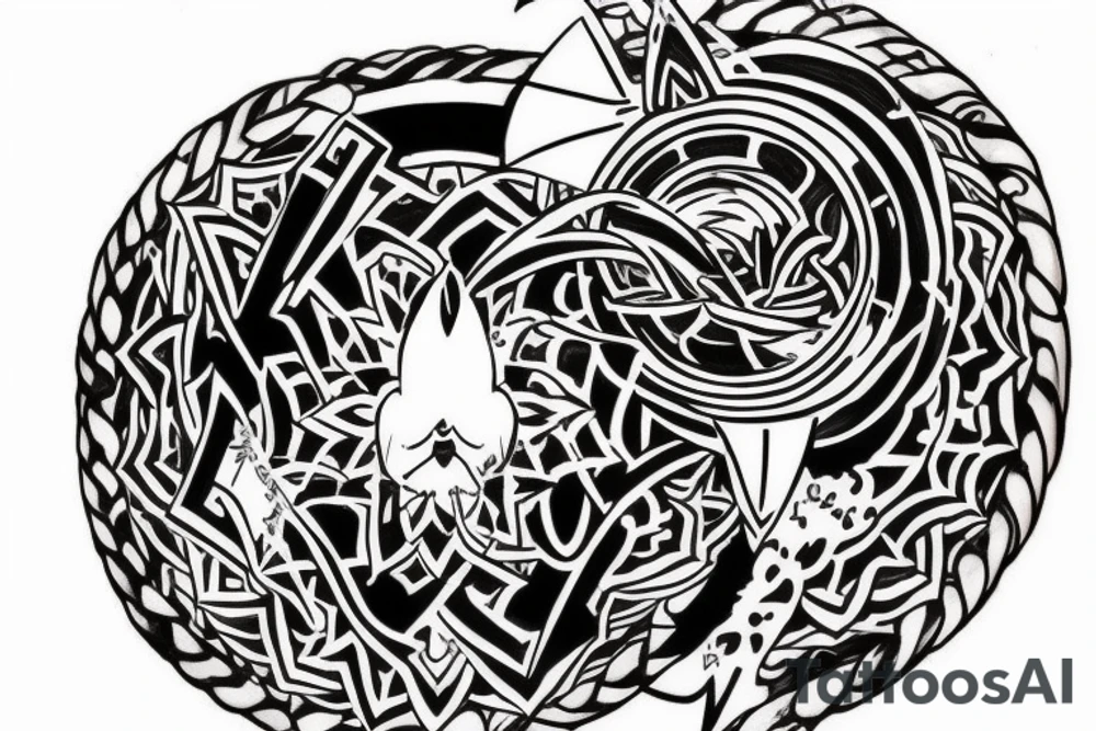 Black sword piercing circle tattoo idea