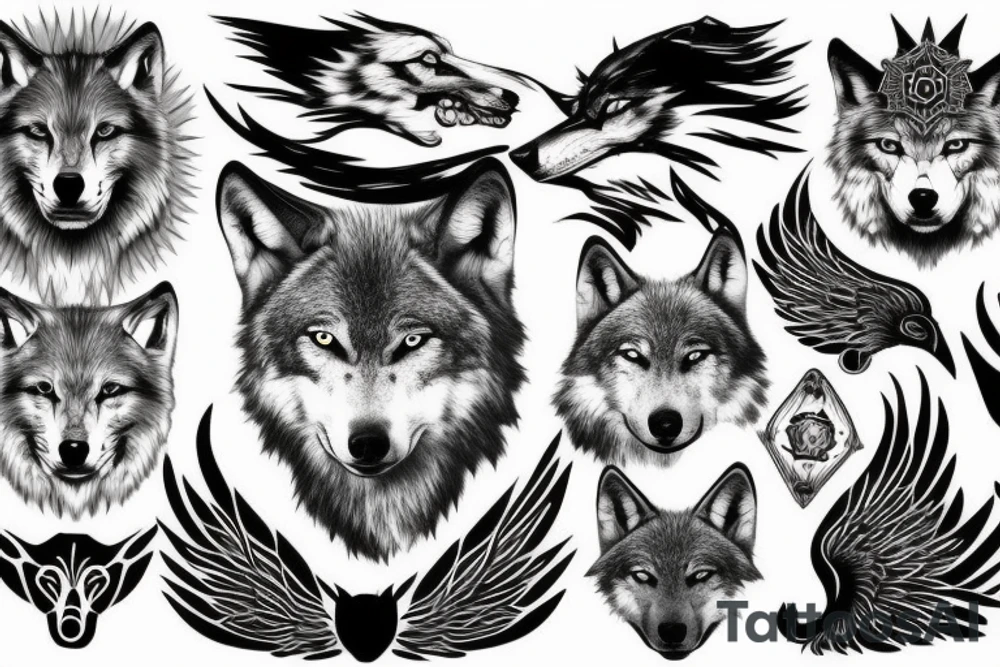 wolf face partially covered with wings , silhouette of a wolf upon a rock tattoo idea