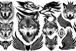 wolf face partially covered with wings  , silhouette of a wolf upon a rock tattoo idea