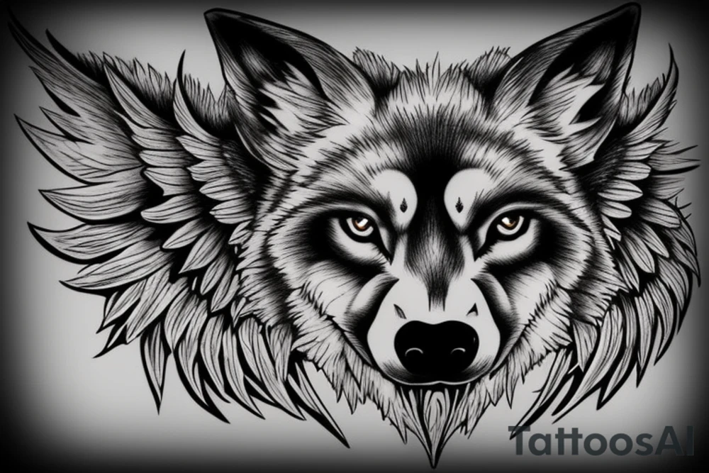 wolf face partially covered with wings , silhouette of a wolf upon a rock tattoo idea