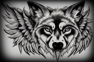 wolf face partially covered with wings  , silhouette of a wolf upon a rock tattoo idea